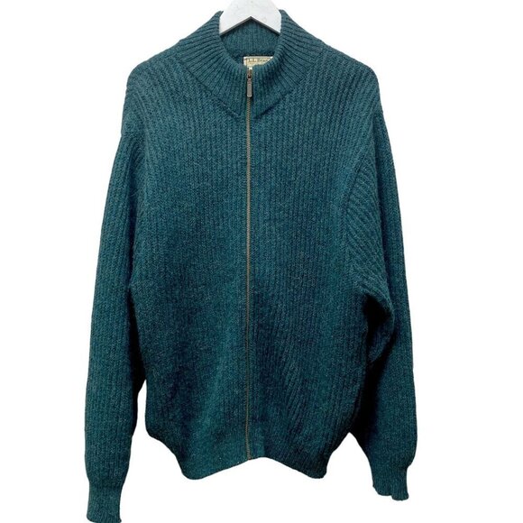 Vintage L.L. Bean Mens Wool Sweater Large Long  Zip Front Cardigan Green Alpaca - Picture 1 of 7